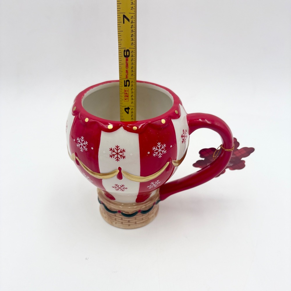 Christmas Hot Air Balloon Mug Festive Snowflake Design Red White Gold Handle - Picture 4 of 5